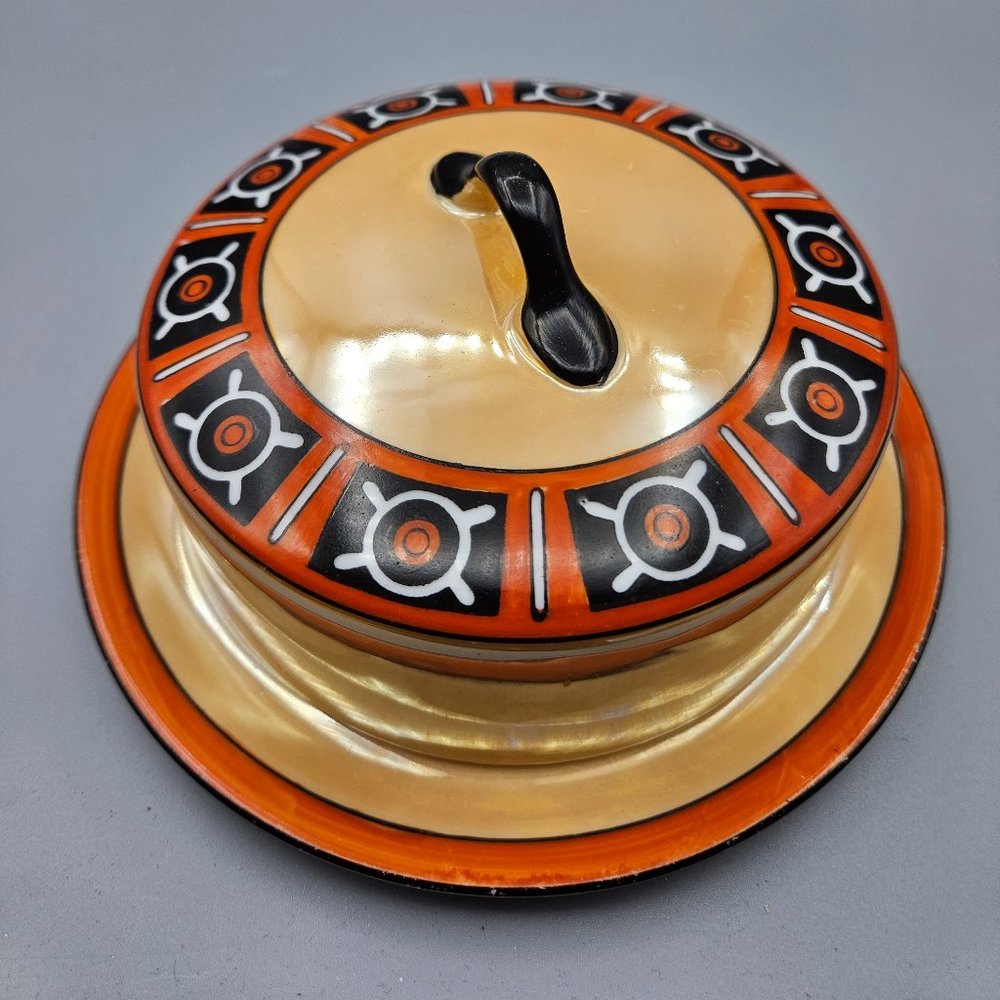 Art Deco-inspired peach lusterware covered butter dish by Morimura,